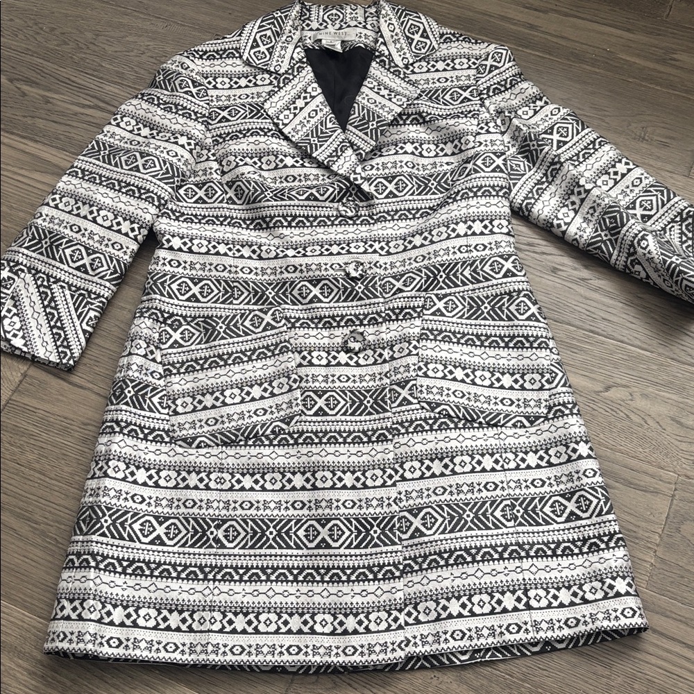 Nine West | Silk Blend Trench Coat Black and Silver Geometric Aztec Size Small - Picture 2 of 14